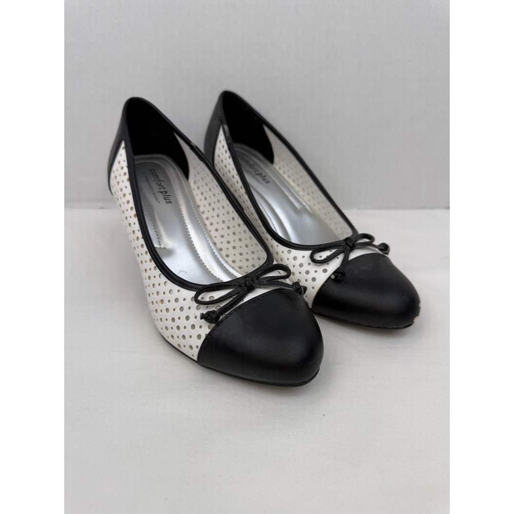 Comfort Plus by Predictions Black White Perforated Cap Toe Bow Heels Pumps 7W